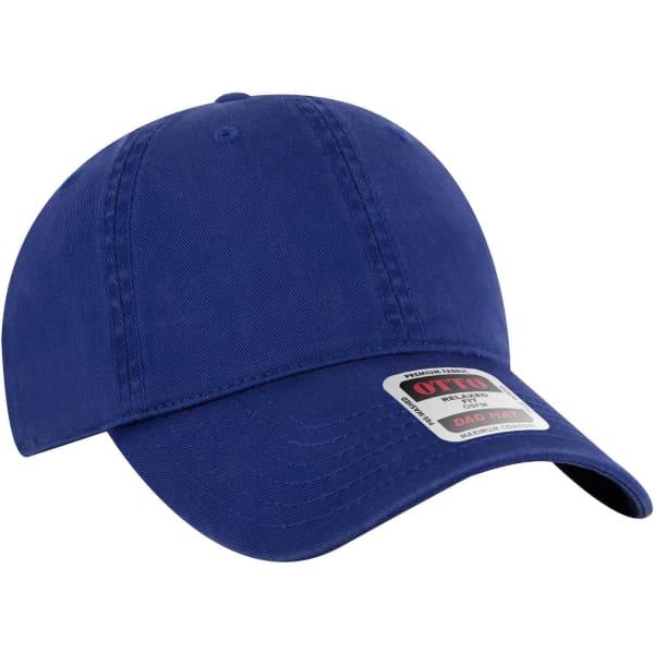 A blue six-panel low profile dad cap with a curved brim and a logo on the front.