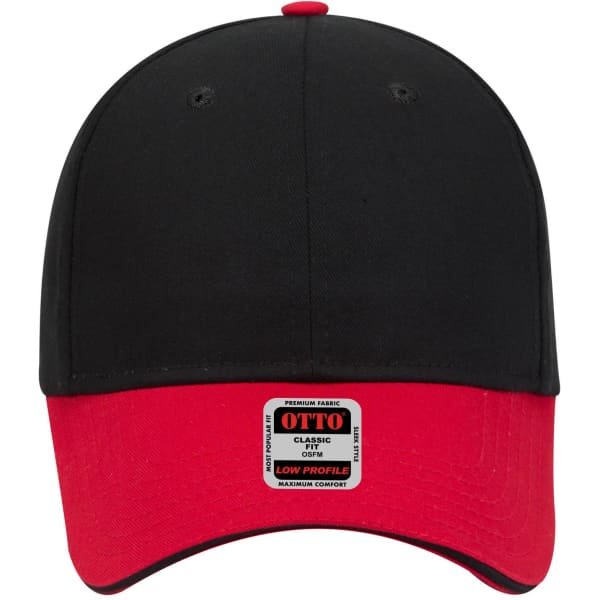 A 6 panel low profile baseball cap featuring a black top and a red brim, with a logo on the front.