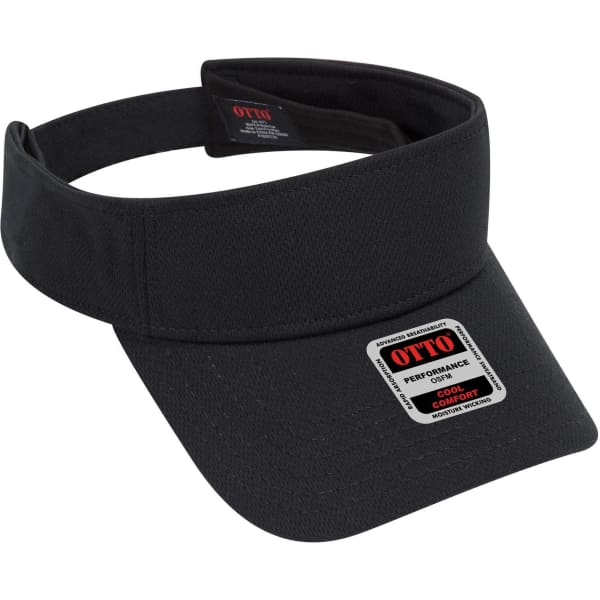 A black sun visor with an adjustable strap and a logo label on the front.