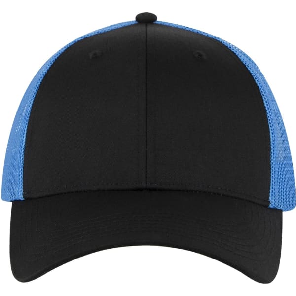 A low profile trucker cap featuring a black front and blue mesh sides, with a rounded crown and a visor.