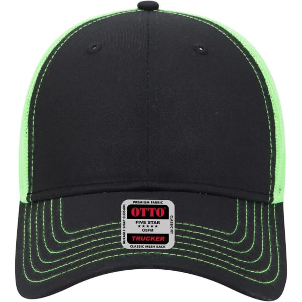 A 6-panel low profile trucker cap in black with bright green accents and a branding label on the front.