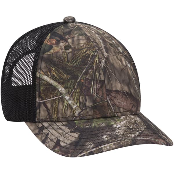 A camo baseball cap with a low profile and a mesh back, featuring shades of green, brown, and black.
