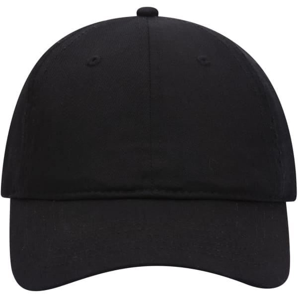 A black 6 panel low profile baseball cap with a logo on the front and no additional decorations.