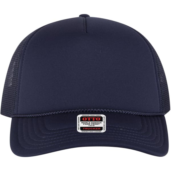 A navy blue 5 panel low profile trucker cap with mesh panels and a logo label on the front.