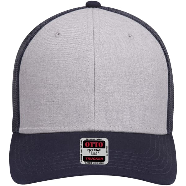 A grey and navy 6-panel low profile trucker cap with a branded tag on the front.