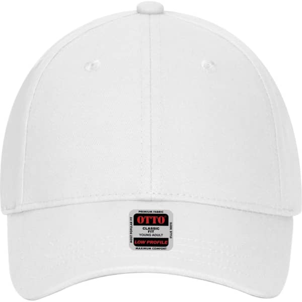 A white 6-panel low profile baseball cap featuring a logo on the front.