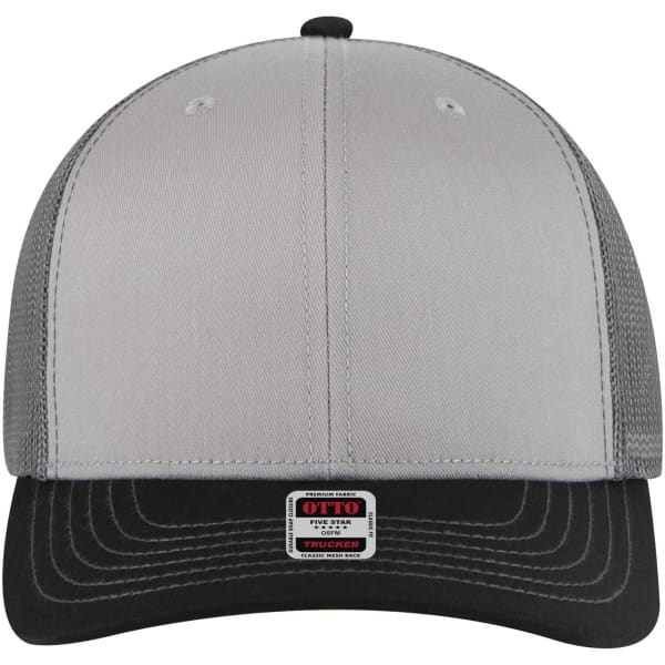 A grey and black 6-panel mid-profile trucker cap with mesh sides and a fitted design. It features a logo on the front.