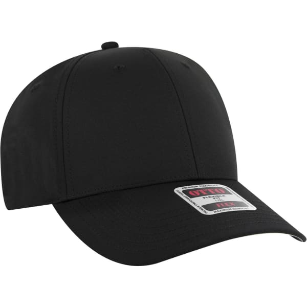 A black 6 panel low profile style baseball cap with a logo.