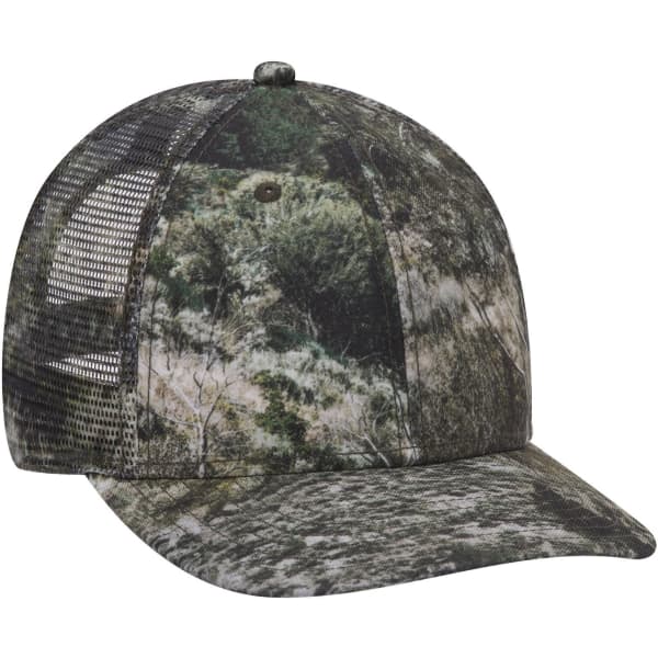 A camo-patterned 6 panel low profile baseball cap with a mesh back and a solid peak. It has a branding logo.