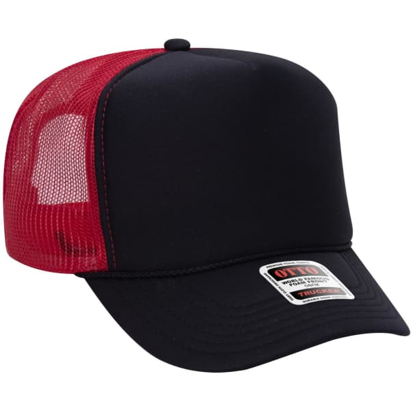 A black and red 5 panel high crown trucker cap with a mesh back and a logo on the front.