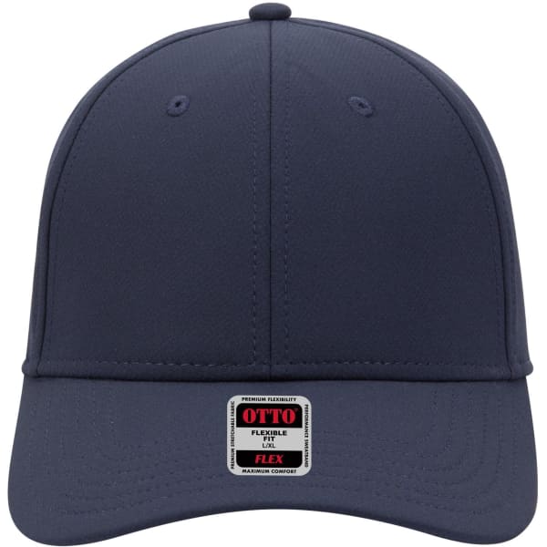 A navy blue UPF 50+ 6 panel low profile baseball cap with a flexible fit and a logo on the front.