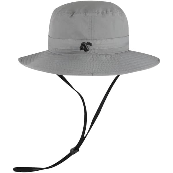 A grey Polyester Pongee Boonie Hat with a wide brim and adjustable chin strap, featuring a logo.