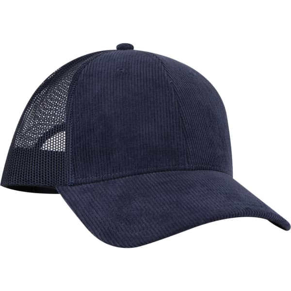 A navy blue low profile trucker cap with a textured front and mesh back. It features a logo on the front.