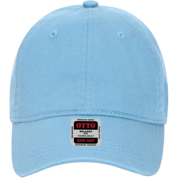 A light blue 6-panel low profile dad cap with a branding label on the front.