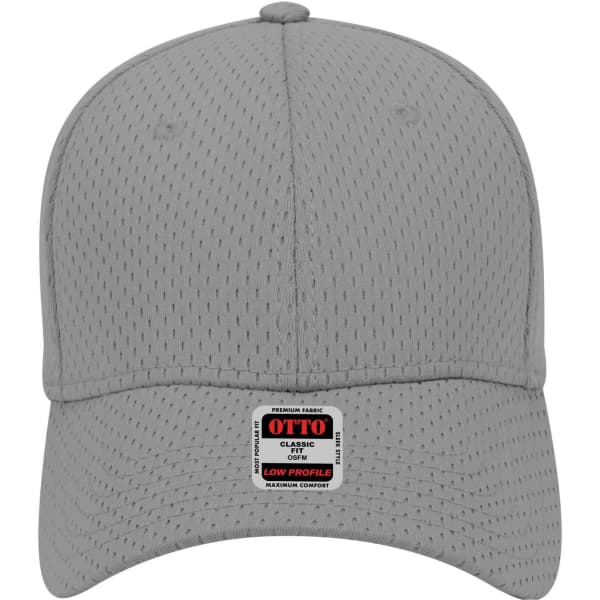 A grey 6 panel low profile baseball cap with a logo, featuring a breathable mesh design.