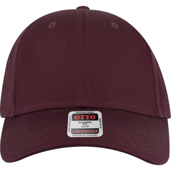 A burgundy low profile baseball cap with a branded label on the front.