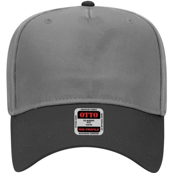 A grey 5 panel mid crown baseball cap with a black visor and attached logo.
