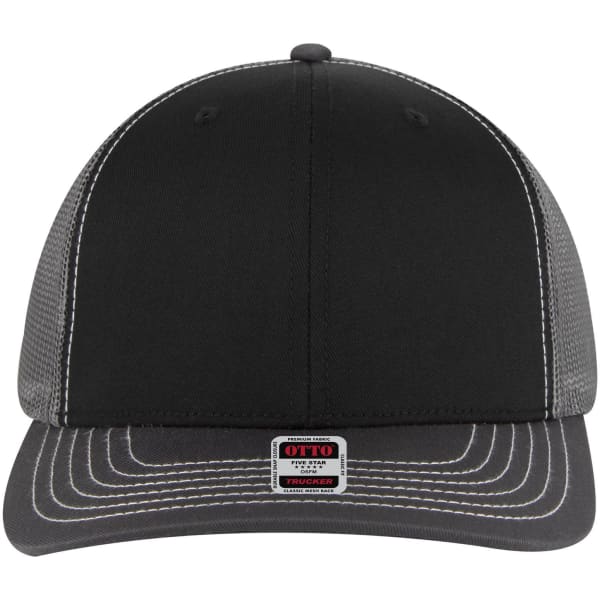 A black 6 panel mid-profile trucker cap featuring mesh sides and a branded label on the front.