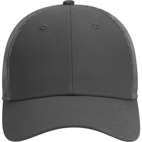 A grey, six-panel low profile trucker cap featuring a solid front and mesh sides. It has a logo on the front.