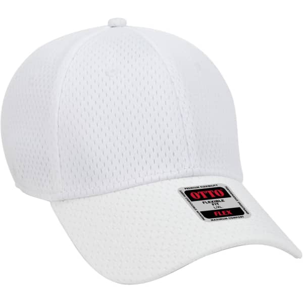 A white, 6-panel low profile baseball cap with a flexible design and a branded tag attached.