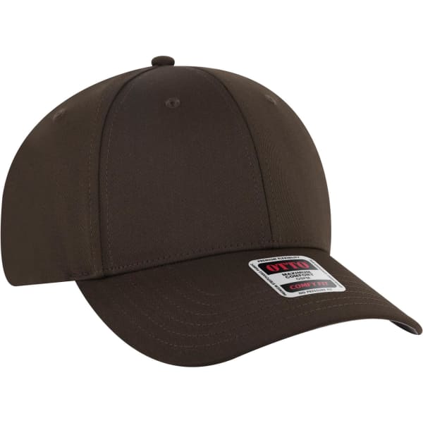 A brown low profile baseball cap with a six-panel design and a logo on the front.