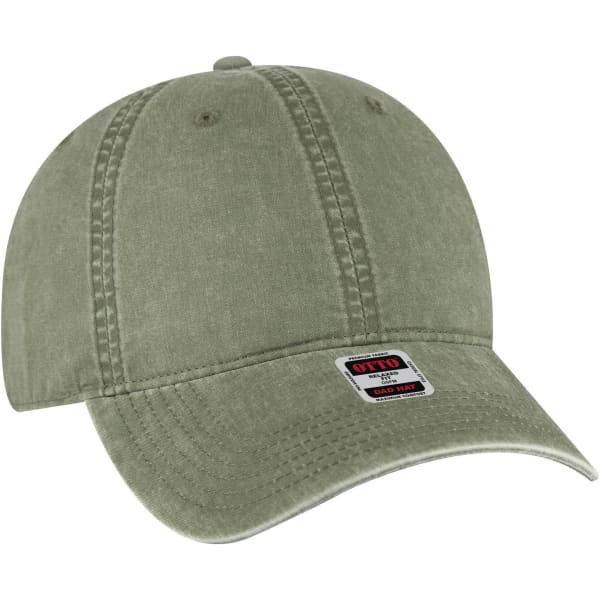 A low-profile dad cap in olive green with a curved brim and an attached logo.