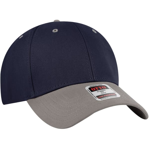 A low profile baseball cap featuring a navy blue crown and a grey peak, includes a logo on the side.