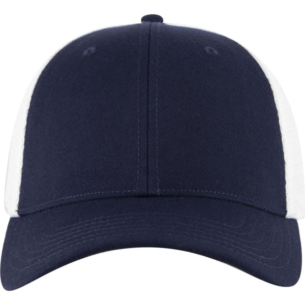A navy blue low profile trucker cap with a white mesh back and a curved visor. It features a logo.