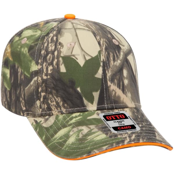 A camo-patterned 6 panel low profile baseball cap with an orange accent. It features a logo on the front.