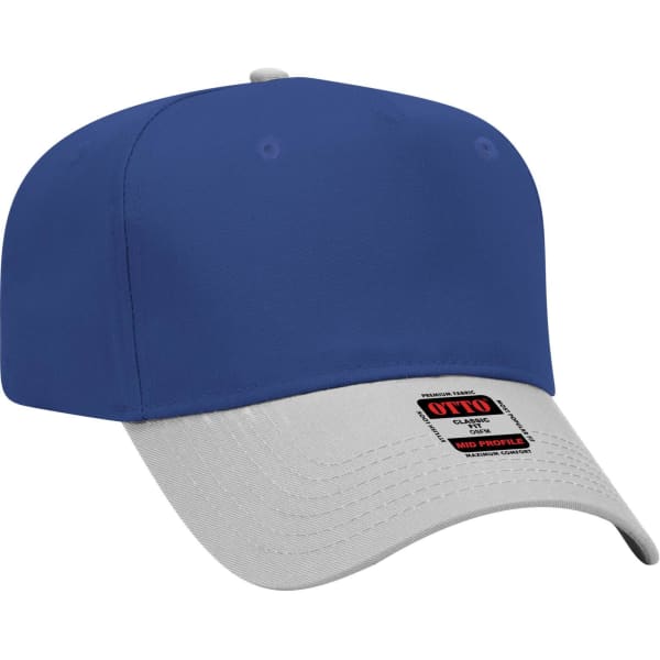 A blue 5 panel mid crown baseball cap with a grey brim and a logo on the front.