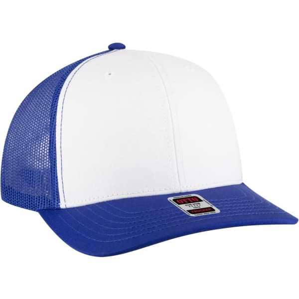 A blue and white 6-panel mid-profile trucker cap featuring a mesh back and a label.
