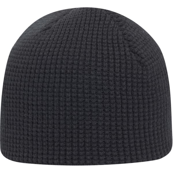 A dark grey waffle rib knit beanie with a seamless design and a small logo.