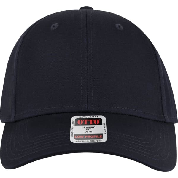 A navy blue 6 panel low profile baseball cap with a tag indicating low profile and maximum comfort.
