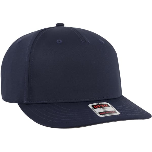 A navy blue 5 Panel Pro Style Snapback Hat with a structured design and a visible logo.
