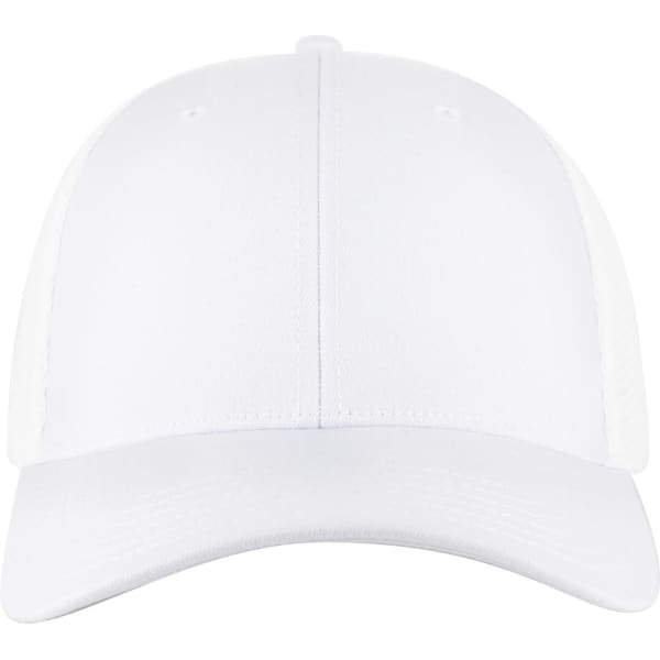 A white low profile trucker cap featuring six panels and a back mesh design, including a logo.