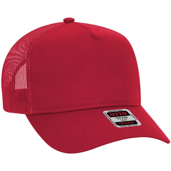 A red 5-panel mid profile trucker cap with a mesh back and a label on the front.
