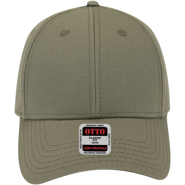 A low profile baseball cap in olive green, featuring a branded label on the front.
