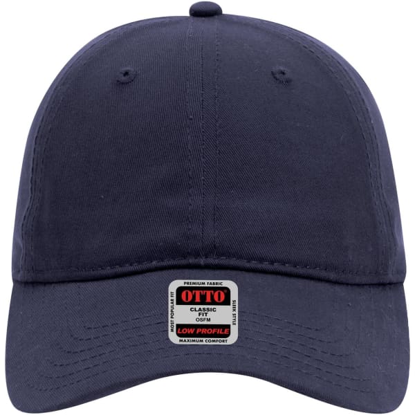 A navy blue, low profile 6-panel baseball cap with a logo on the front.