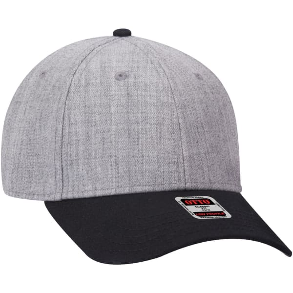 A grey and black 6 panel low profile baseball cap with a branded tag on the side.