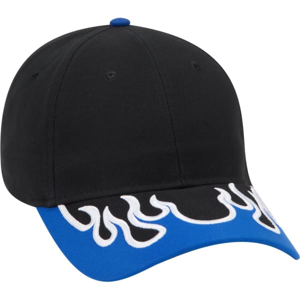 A black baseball cap with blue and white flame designs on the front, featuring a branding logo.