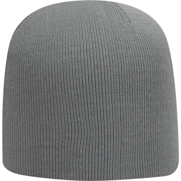 A grey classic knit beanie with a ribbed texture and a plain design. It features a logo.