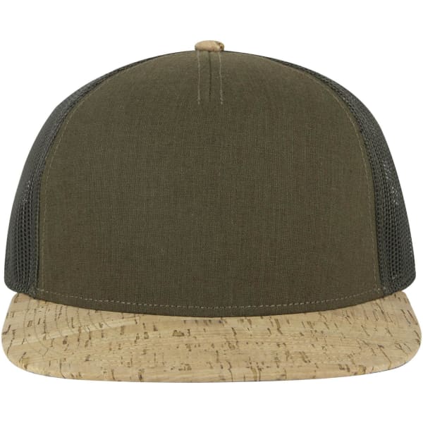 A green trucker cap with a cork brim and mesh sides. Features a logo on the front.