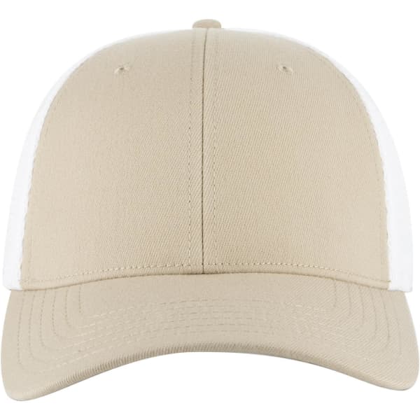 A beige and white low-profile trucker cap featuring a curved brim and a solid design, with a logo on the front.