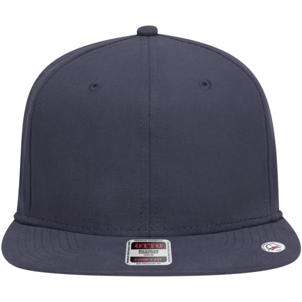 A navy 6-panel mid-profile snapback cap with a flat brim and a logo on the front.
