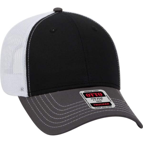 A black and white low profile trucker cap featuring a grey brim and a logo on the front.
