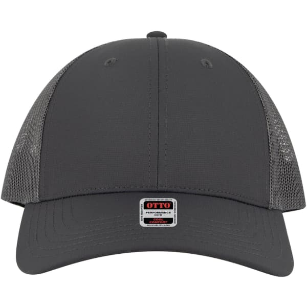 A grey low profile trucker cap with mesh sides and a branded tag at the front.