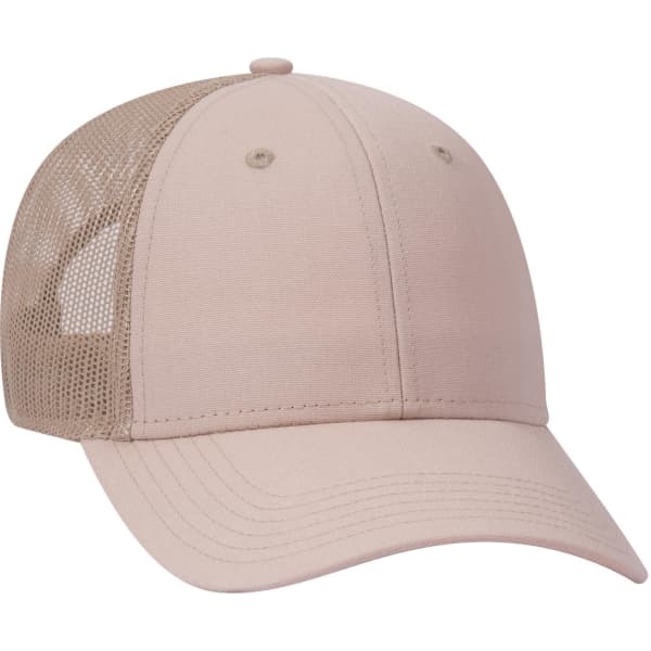 A pink low profile trucker cap featuring a mesh back and a curved brim, including a logo.