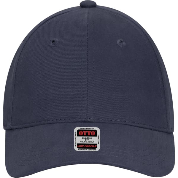 A navy blue 6 panel low profile baseball cap with a logo on the front.