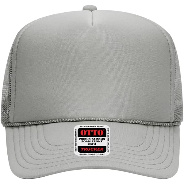 A grey 5 Panel High Crown Trucker Cap with a foam front and mesh sides, featuring a logo on the front.