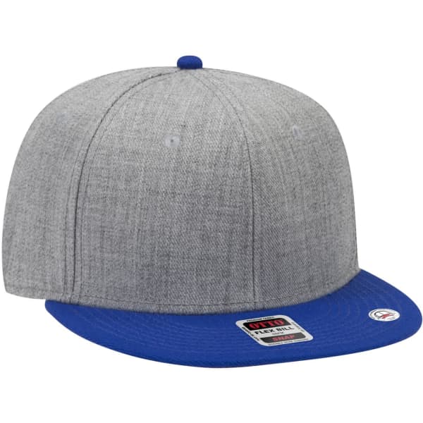 A grey mid-profile snapback cap with a blue brim and an additional logo on the front.